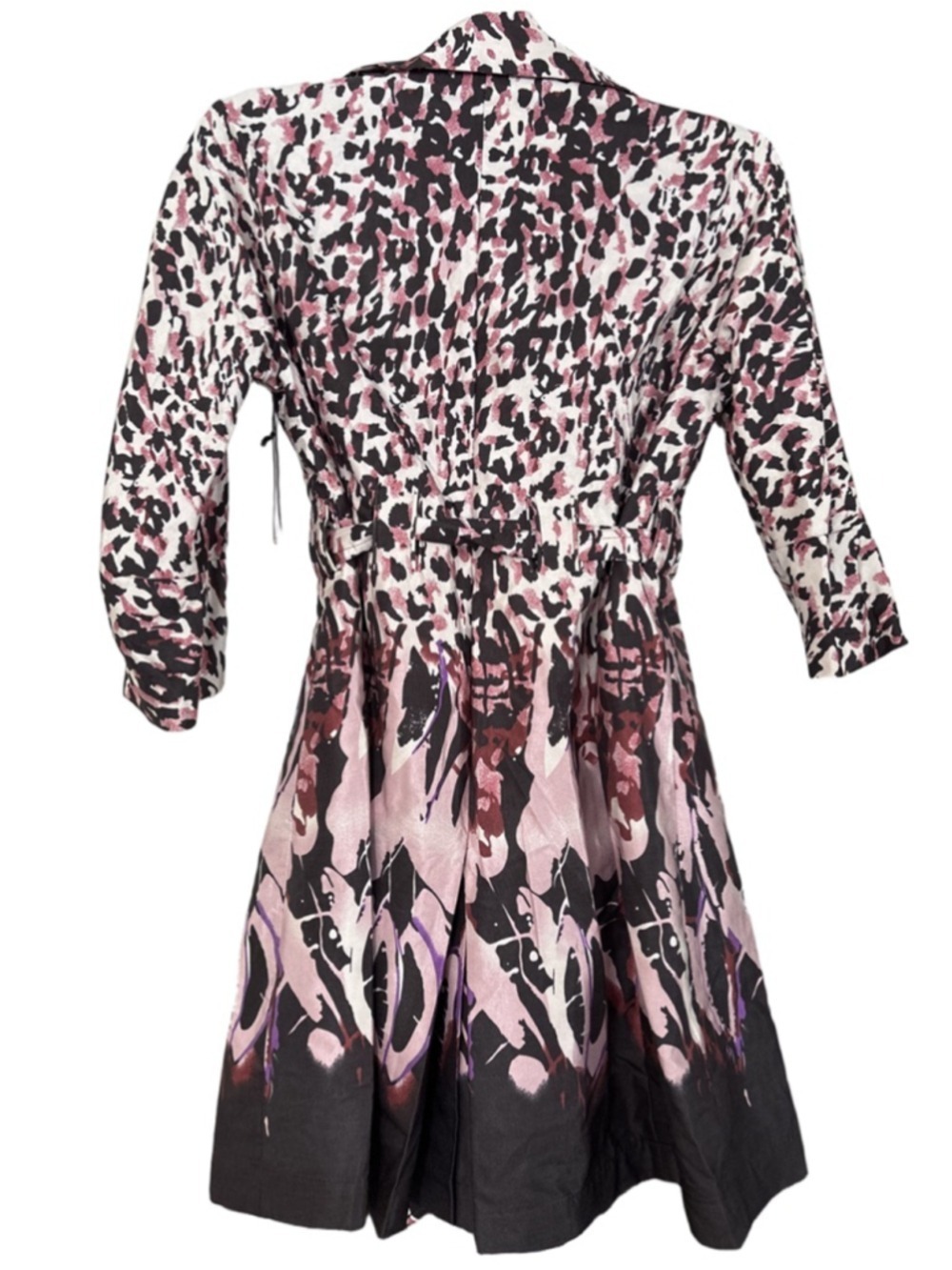 NWT Women's Vertigo Paris Trench Coat M Pink Black Dripping Cheetah - Picture 2 of 4